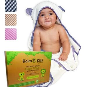 Koko n Kiki Bamboo Baby Hooded Towel & Washcloth Set Navy Gingham 35x35 - New
